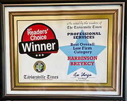 As voted by the readers of the Taylorsville Times | Professional Services | Best Overall law Firm Category | Harbinson Brzykcy | Lee Sharpe | 2025 Reader' Choice Winner
