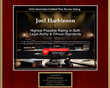2026 Martindale Hubbel Peer Review Rating | Joel Harbinson | Highest Possible Rating in Both Legal Ability & Ethical Standards | Av Preeminent | Peer Rated for Highest Level of Professional Excellence